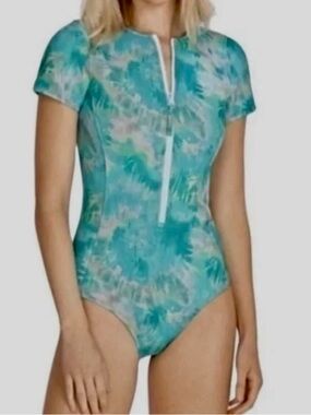 Johnny Was Calme Neoprene One Piece Swimsuit Zip Tie Dye L NWT